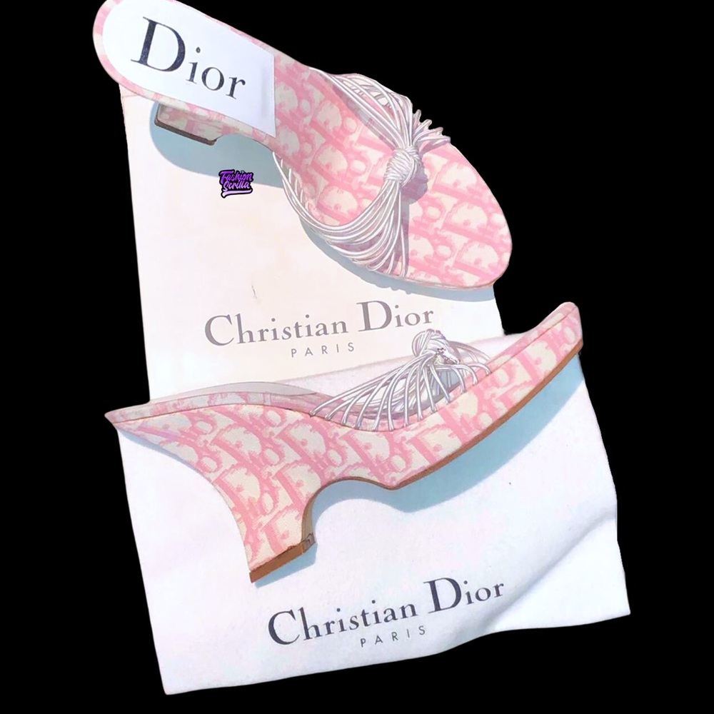 DIOR Vintage John Galliano Pink White Monogram Logo Trotter Platform Sandal Heel - Picture 8 of 14